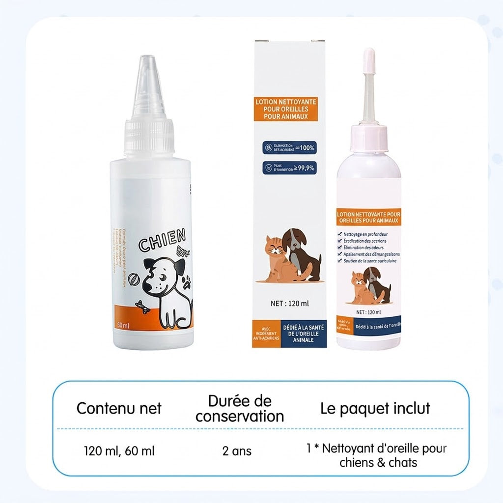 Nettoyant d'Oreilles pour Chiens & Chats – Lotion Auriculaire Douce et Apaisante