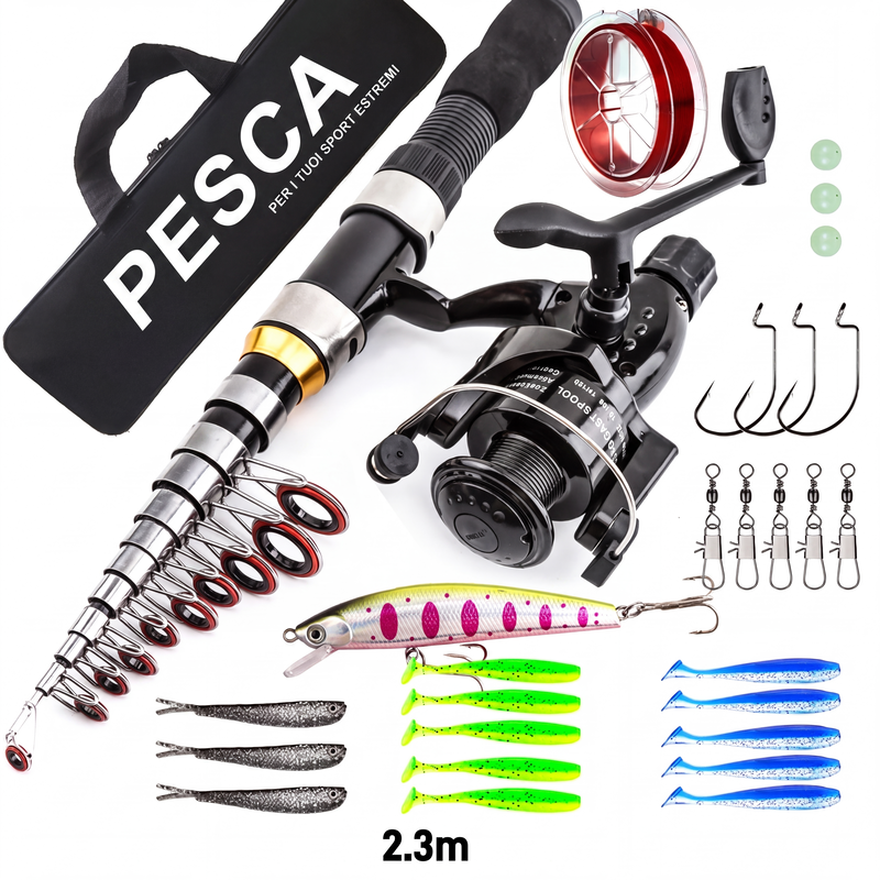 Set de pêche télescopique compact avec sac de transport FISHING™ (pour camping et randonnée)