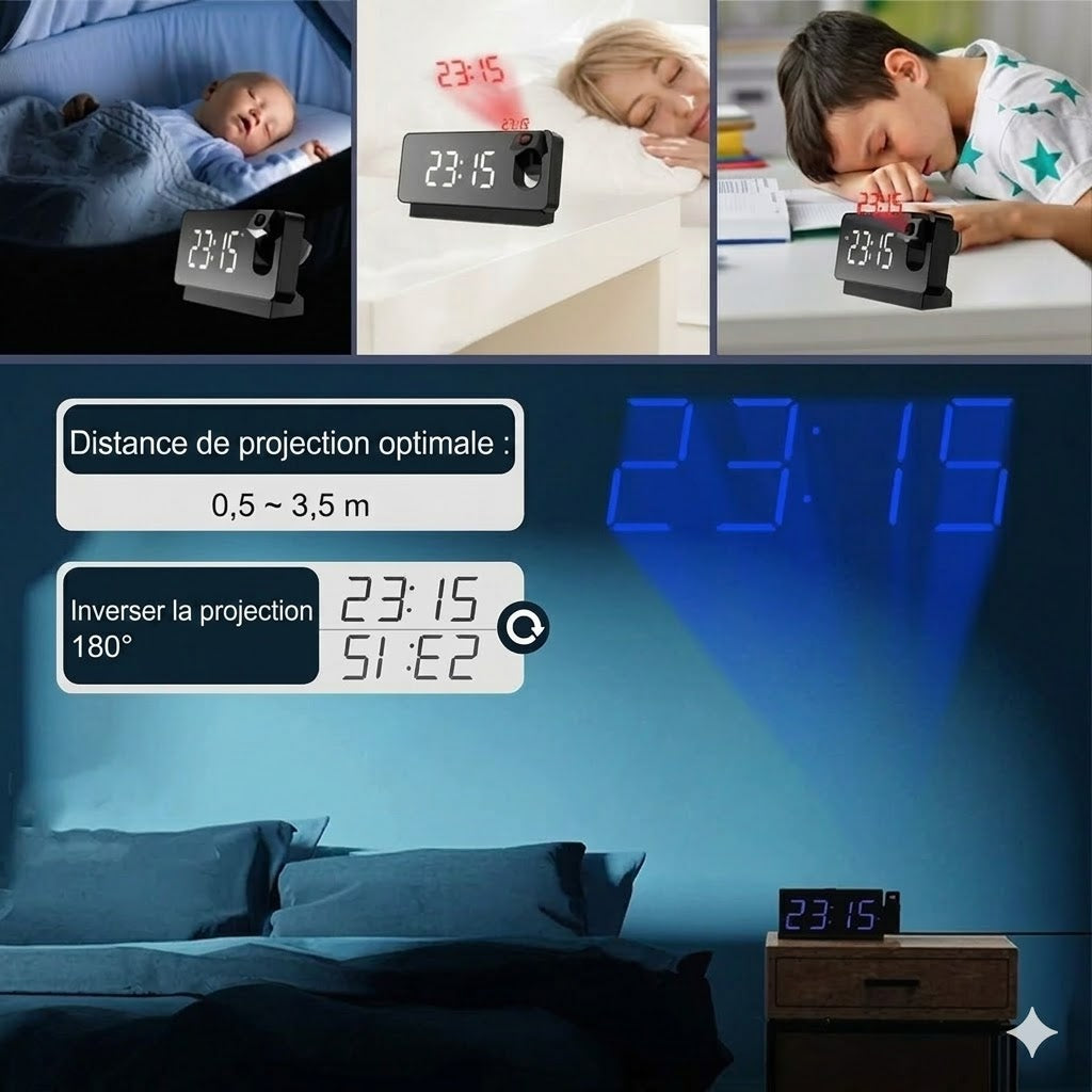 Réveil Miroir à Projection 180° – Affichage LED HD & Port de Charge USB