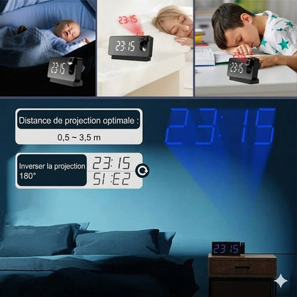 Réveil Miroir à Projection 180° – Affichage LED HD & Port de Charge USB