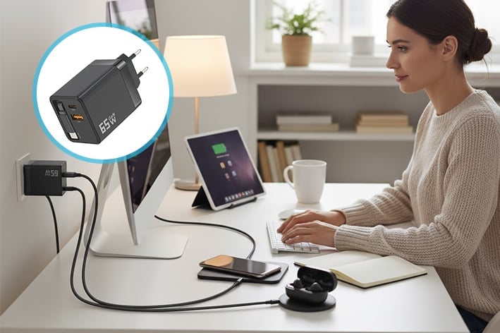 VaraLiving™ Chargeur GaN 65W 3-en-1 Rétractable