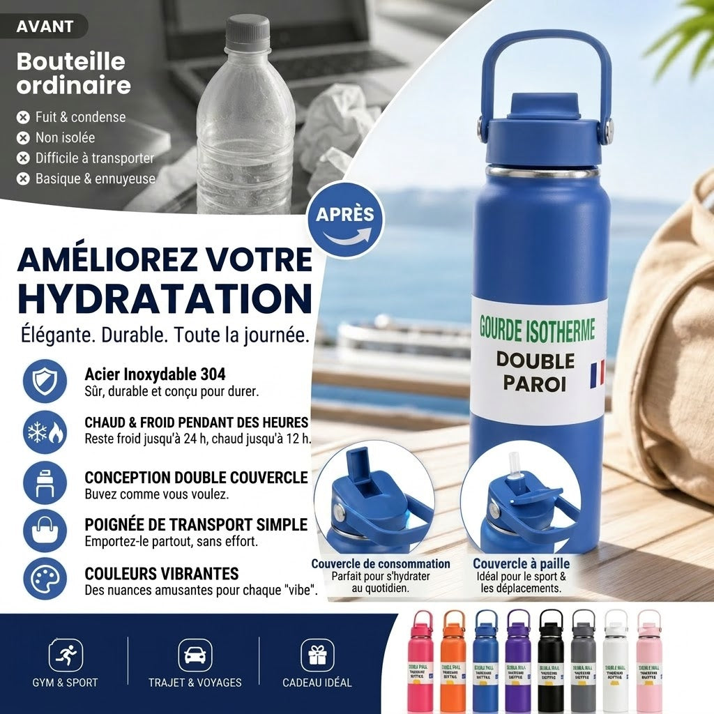 Gourde Isotherme en Acier Inoxydable Premium – Bouteille Thermos Sans BPA