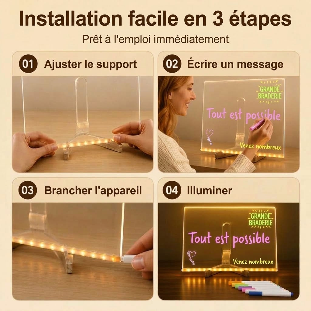 VaraLiving™ Tableau Lumineux LED Effaçable en Acrylique (7 Feutres Inclus)