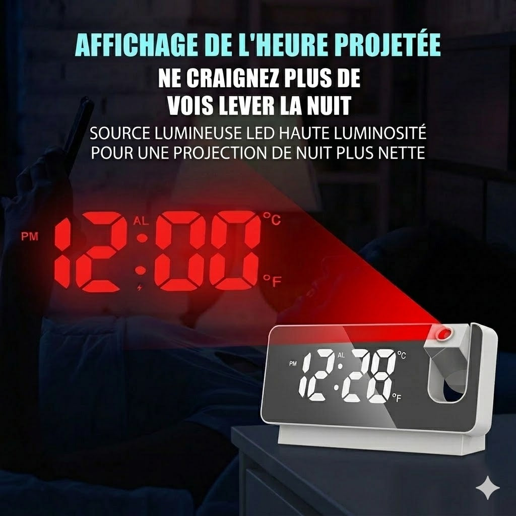 Réveil Miroir à Projection 180° – Affichage LED HD & Port de Charge USB