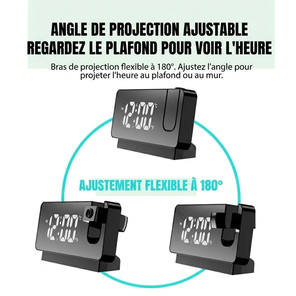 Réveil Miroir à Projection 180° – Affichage LED HD & Port de Charge USB
