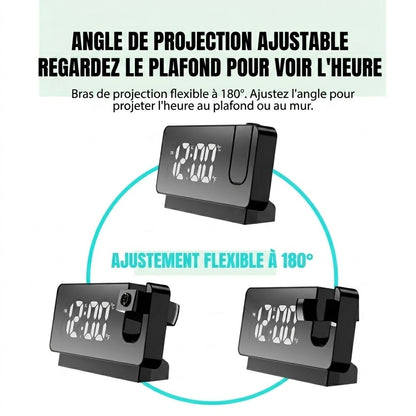 Réveil Miroir à Projection 180° – Affichage LED HD & Port de Charge USB