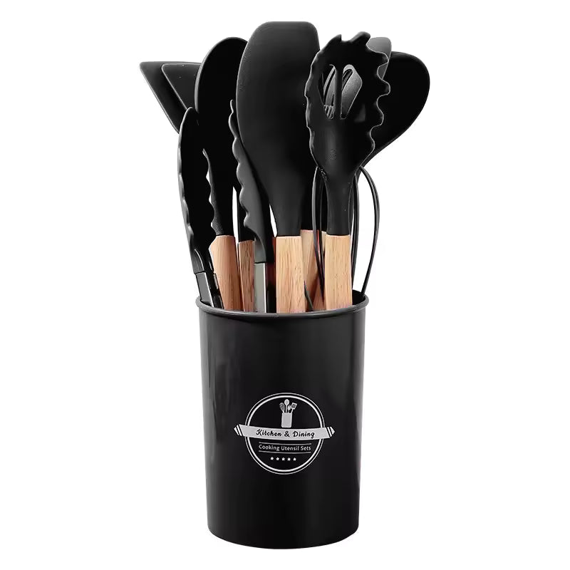 ChefEase™ Ensemble de 12 ustensiles de cuisine en silicone à manche en bois