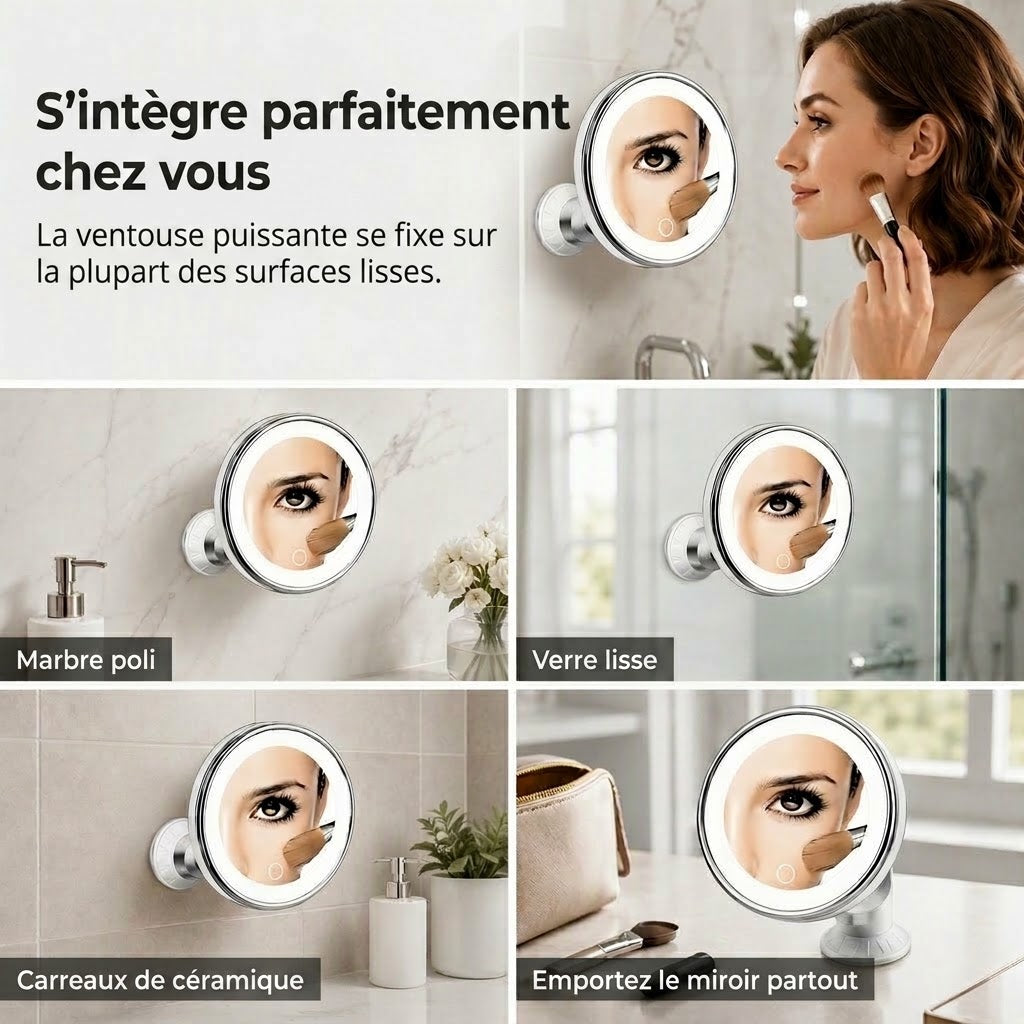 Miroir de maquillage LED grossissant 10x avec ventouse PureVal™ (portable)
