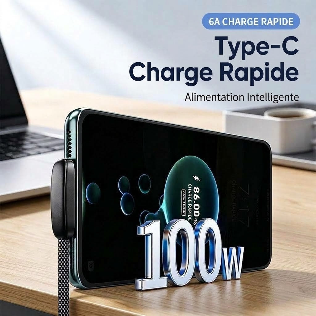 Câble de charge rapide Type-C 90° 100 W NovaPulse™ (nylon tressé / gaming)