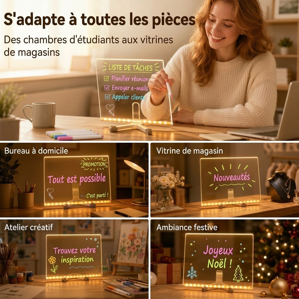 VaraLiving™ Tableau Lumineux LED Effaçable en Acrylique (7 Feutres Inclus)