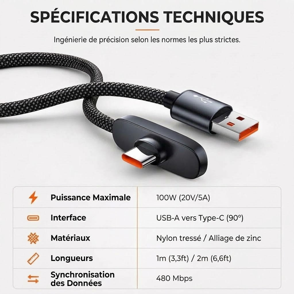 Câble de charge rapide Type-C 90° 100 W NovaPulse™ (nylon tressé / gaming)