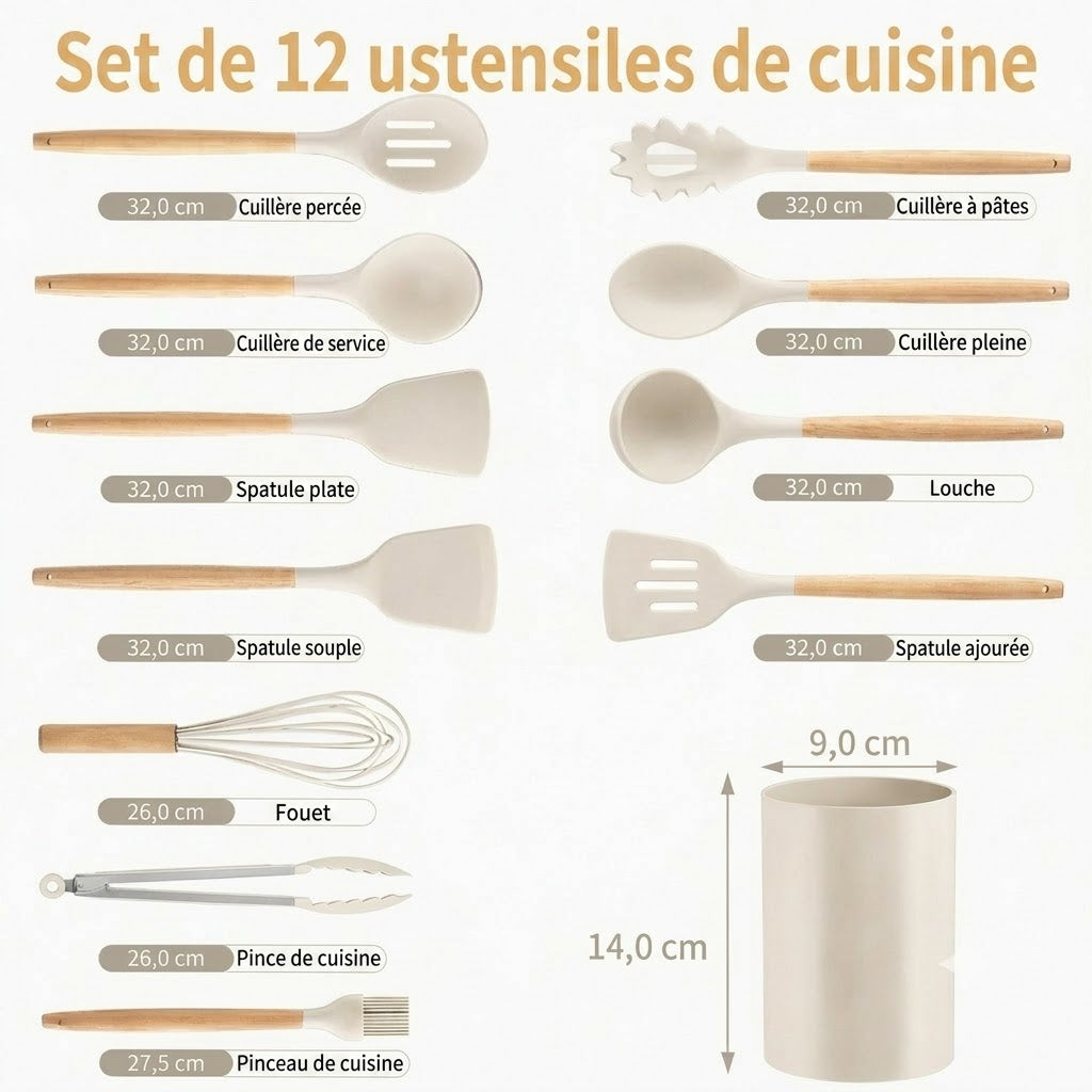 ChefEase™ Ensemble de 12 ustensiles de cuisine en silicone à manche en bois
