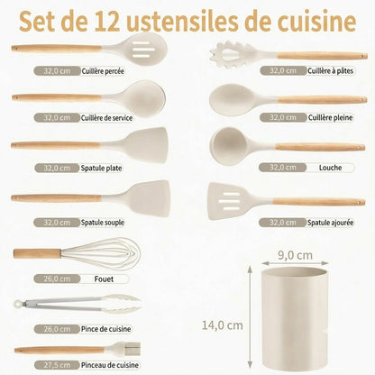 ChefEase™ Ensemble de 12 ustensiles de cuisine en silicone à manche en bois