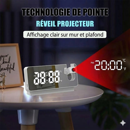 Réveil Miroir à Projection 180° – Affichage LED HD & Port de Charge USB