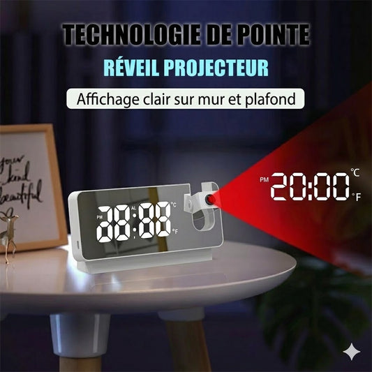Réveil Miroir à Projection 180° – Affichage LED HD & Port de Charge USB