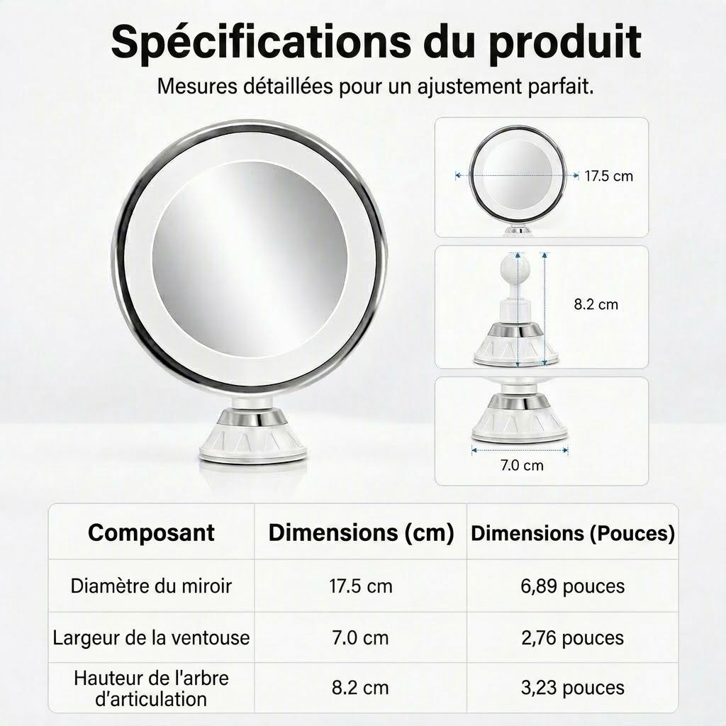 Miroir de maquillage LED grossissant 10x avec ventouse PureVal™ (portable)