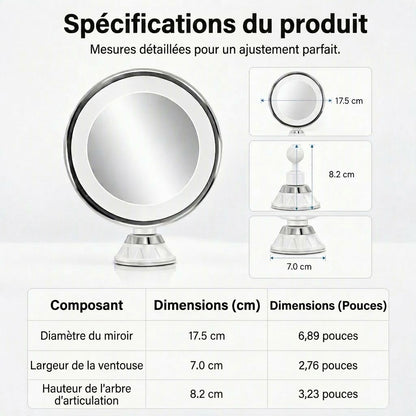 Miroir de maquillage LED grossissant 10x avec ventouse PureVal™ (portable)
