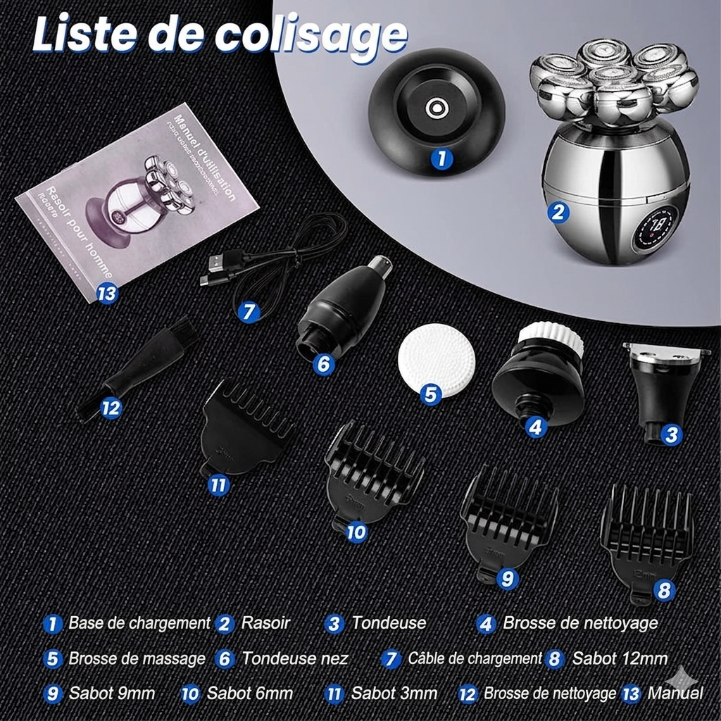 Rasoir Électrique Rotatif 7D Vexton™ Pro 5-en-1 – Sans Fil pour Rasage Sec & Humide