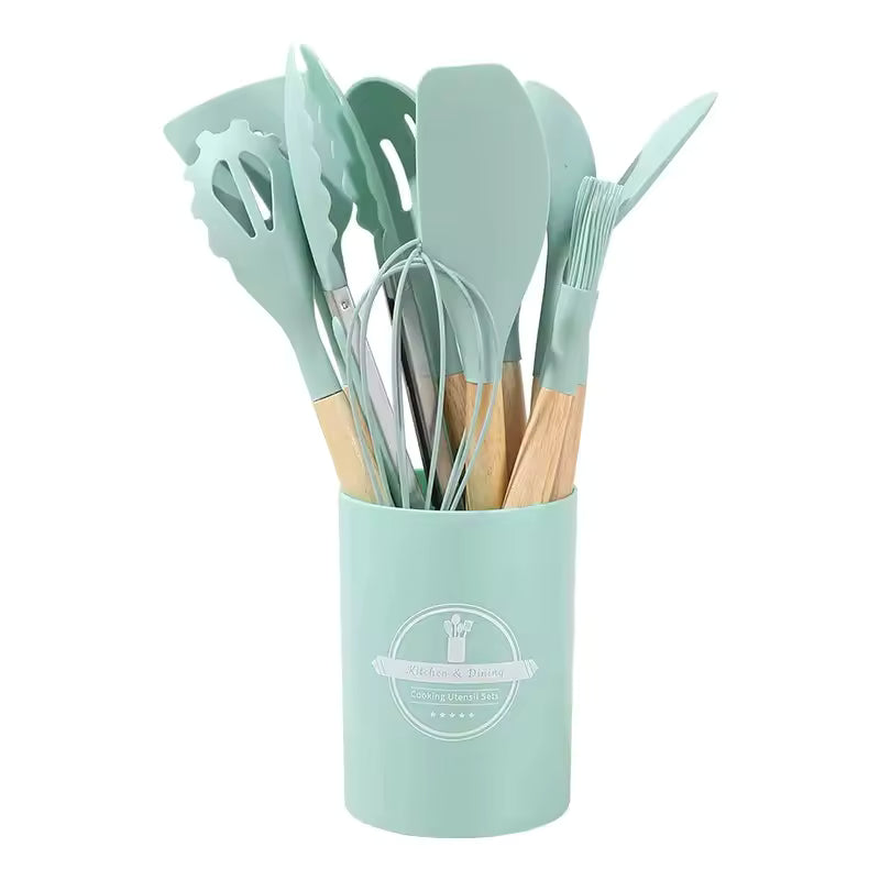 ChefEase™ Ensemble de 12 ustensiles de cuisine en silicone à manche en bois