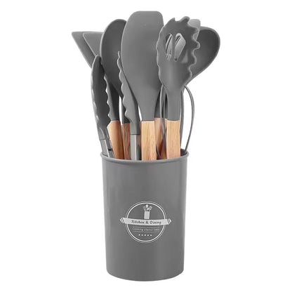 ChefEase™ Ensemble de 12 ustensiles de cuisine en silicone à manche en bois