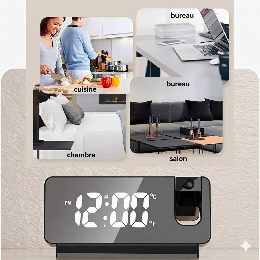 Réveil Miroir à Projection 180° – Affichage LED HD & Port de Charge USB
