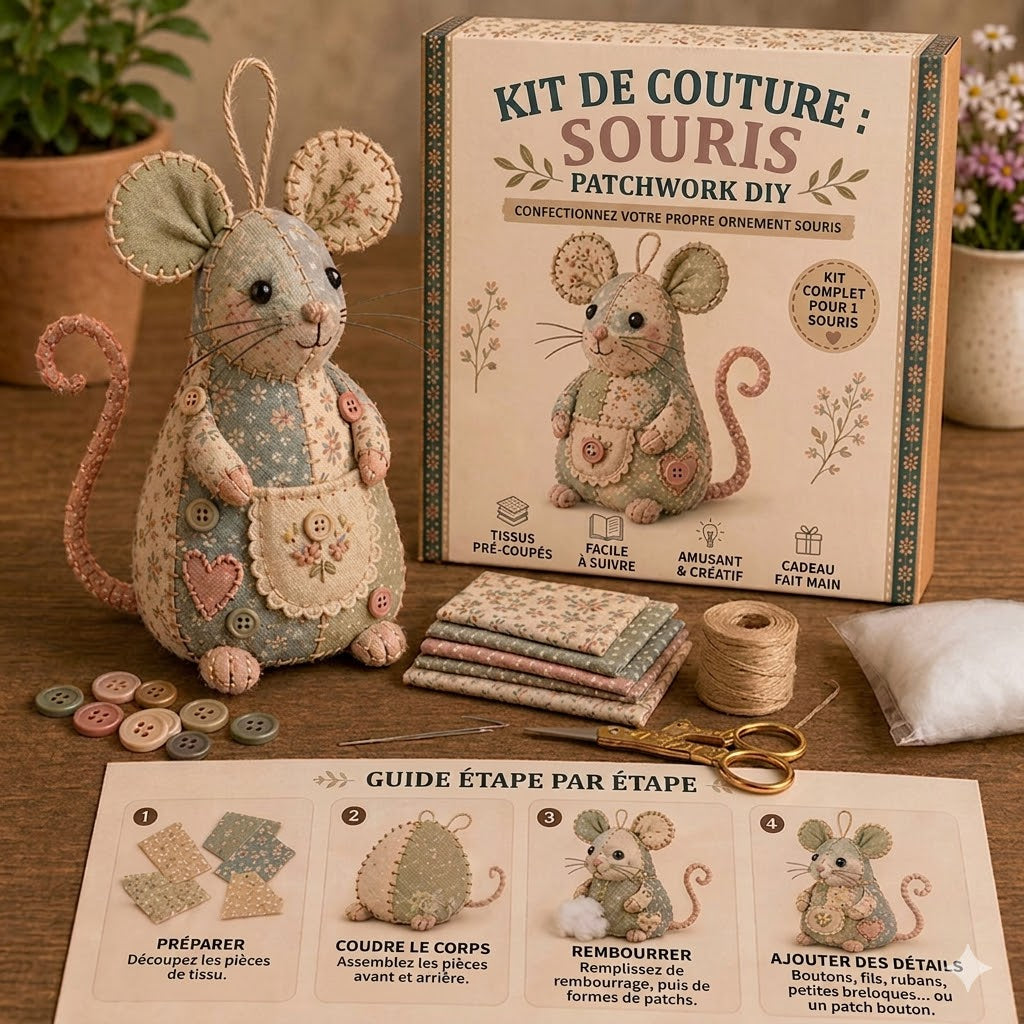 Kit de Couture Souris en Peluche Rétro – Fait Main