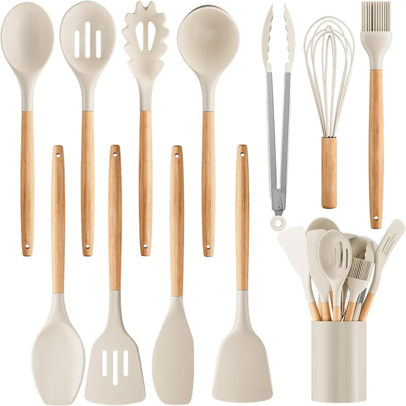 ChefEase™ Ensemble de 12 ustensiles de cuisine en silicone à manche en bois