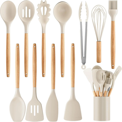 ChefEase™ Ensemble de 12 ustensiles de cuisine en silicone à manche en bois
