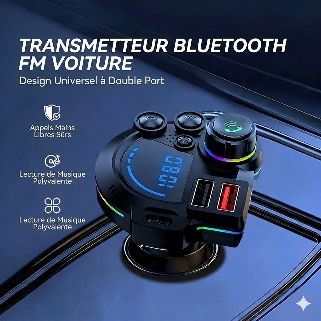 Transmetteur FM Bluetooth Universel (Double USB) – Musique & Appels Mains Libres