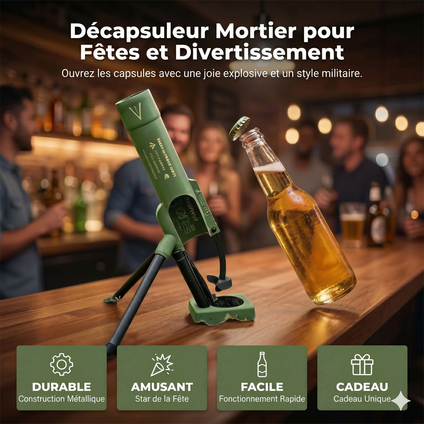Décapsuleur "Mortier" Robuste – Design Militaire en Métal