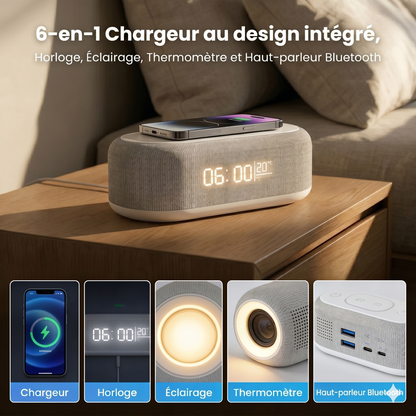 Station de Charge 6-en-1 25W – Horloge, Enceinte & Veilleuse