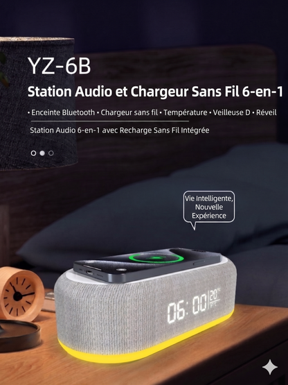 Station de Charge 6-en-1 25W – Horloge, Enceinte & Veilleuse