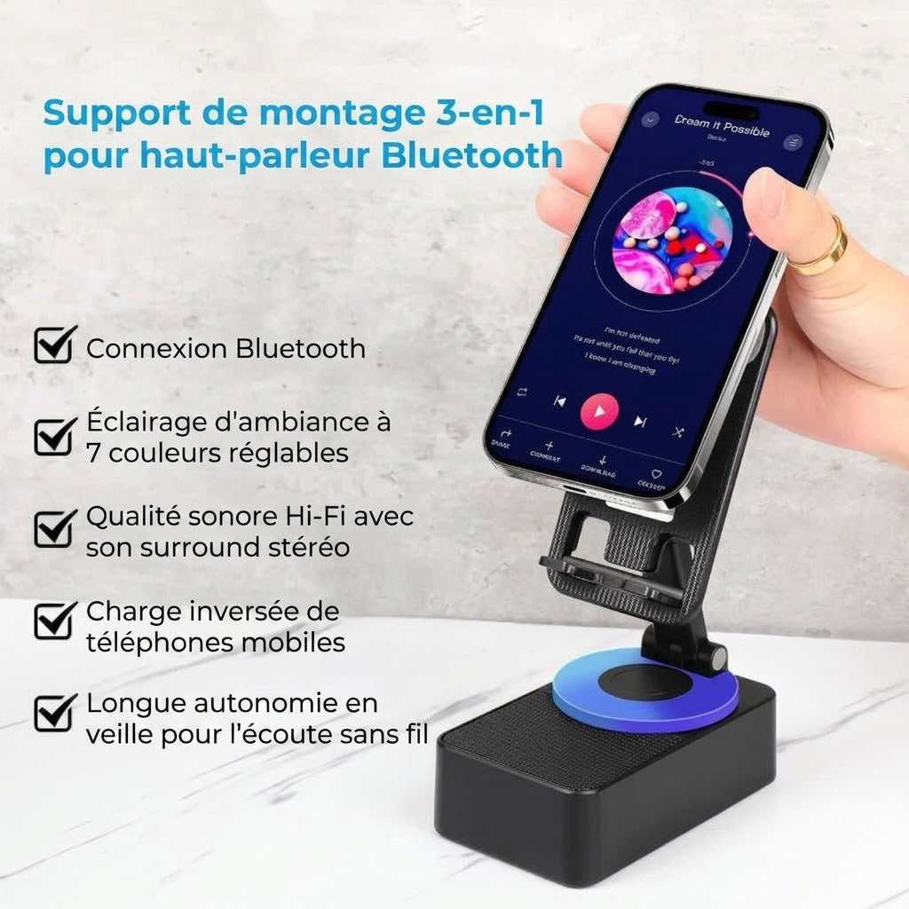 Enceinte Bluetooth Pliable 3-en-1 – Powerbank Intégrée & Support Smartphone