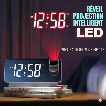 Réveil Miroir à Projection 180° – Affichage LED HD & Port de Charge USB