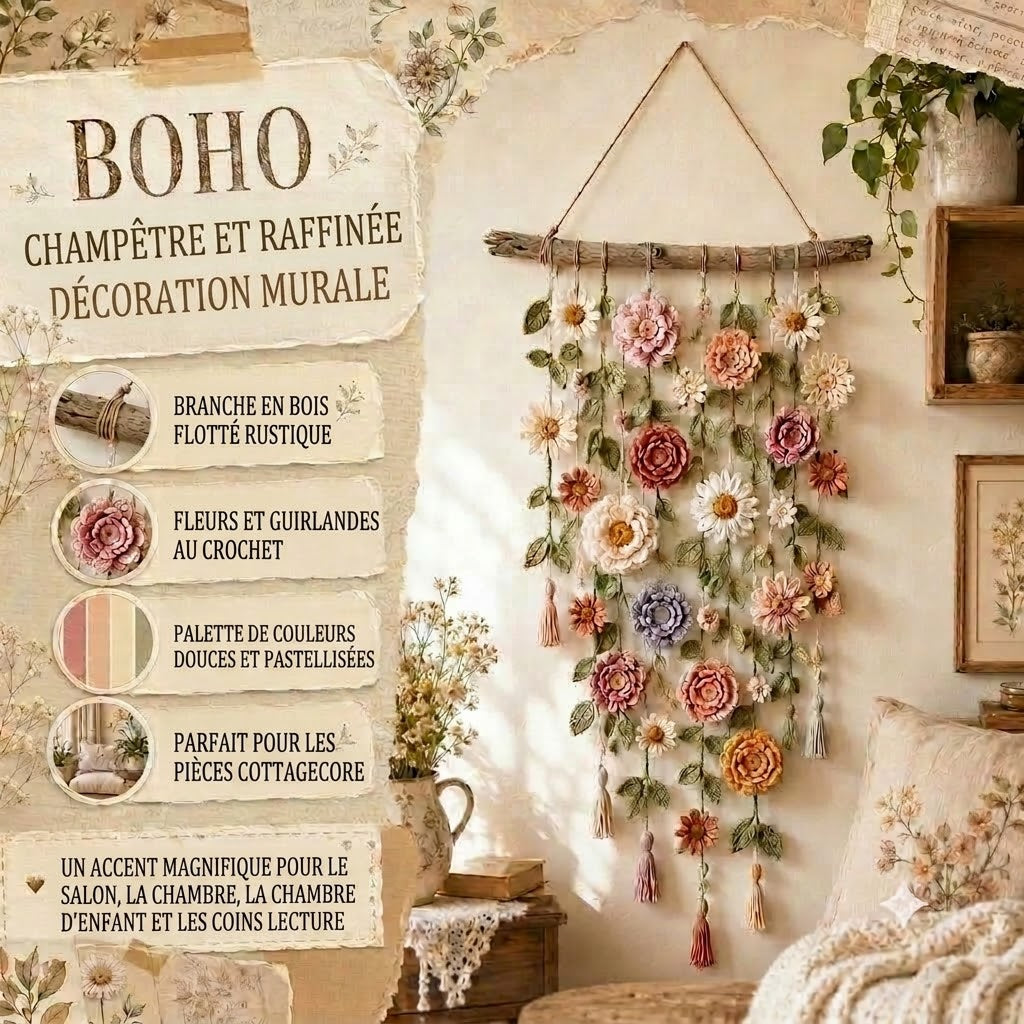 Tenture murale florale faite à la main style bohème pour salon et chambre