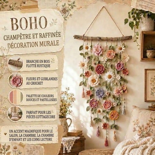 Tenture murale florale faite à la main style bohème pour salon et chambre