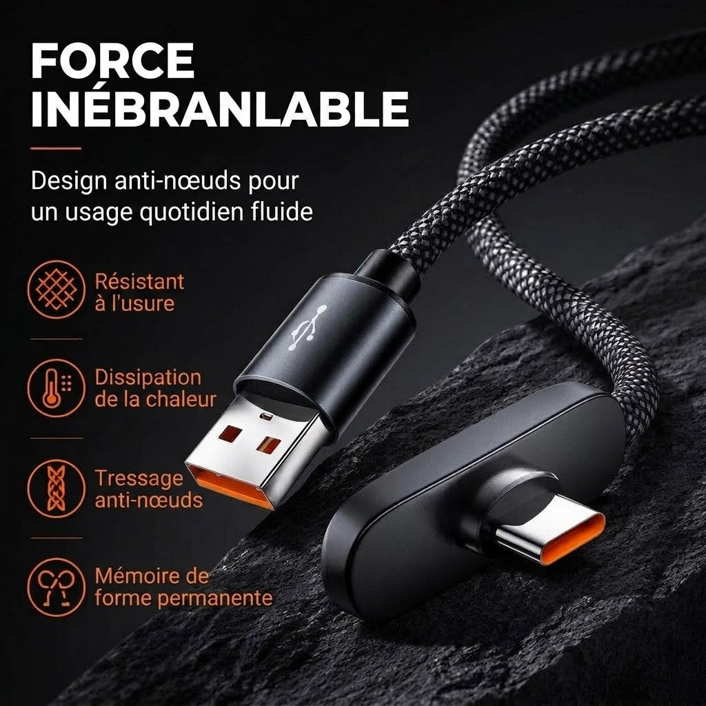 Câble de charge rapide Type-C 90° 100 W NovaPulse™ (nylon tressé / gaming)