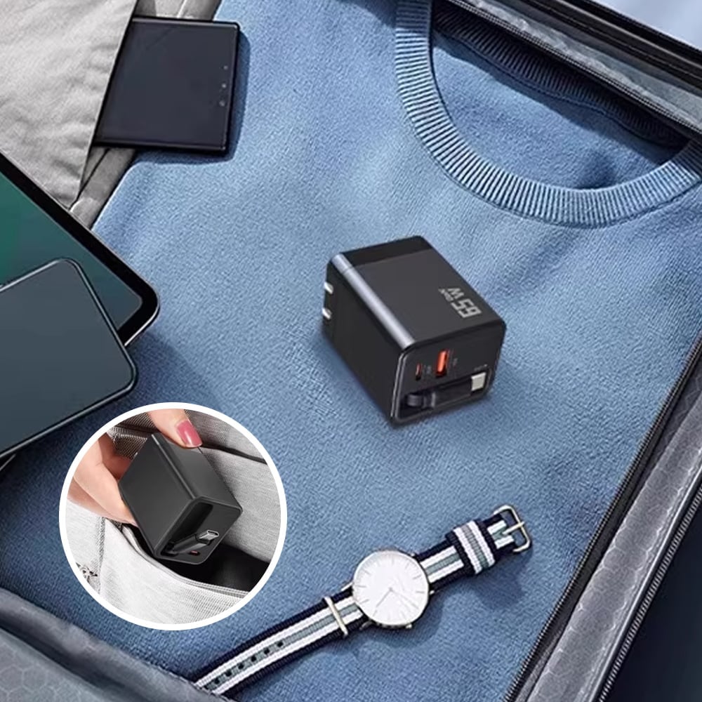 VaraLiving™ Chargeur GaN 65W 3-en-1 Rétractable