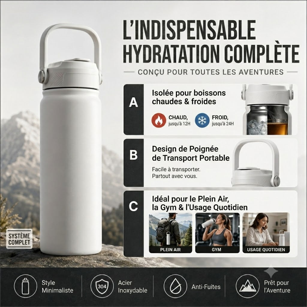 Gourde Isotherme en Acier Inoxydable Premium – Bouteille Thermos Sans BPA