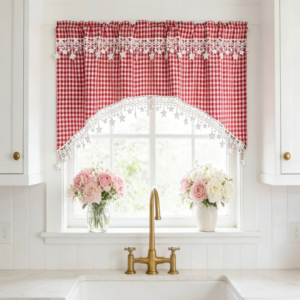 VaraLiving™ Brise-Bise Brodé Étoiles Bord Ondulé (Style Bistrot)