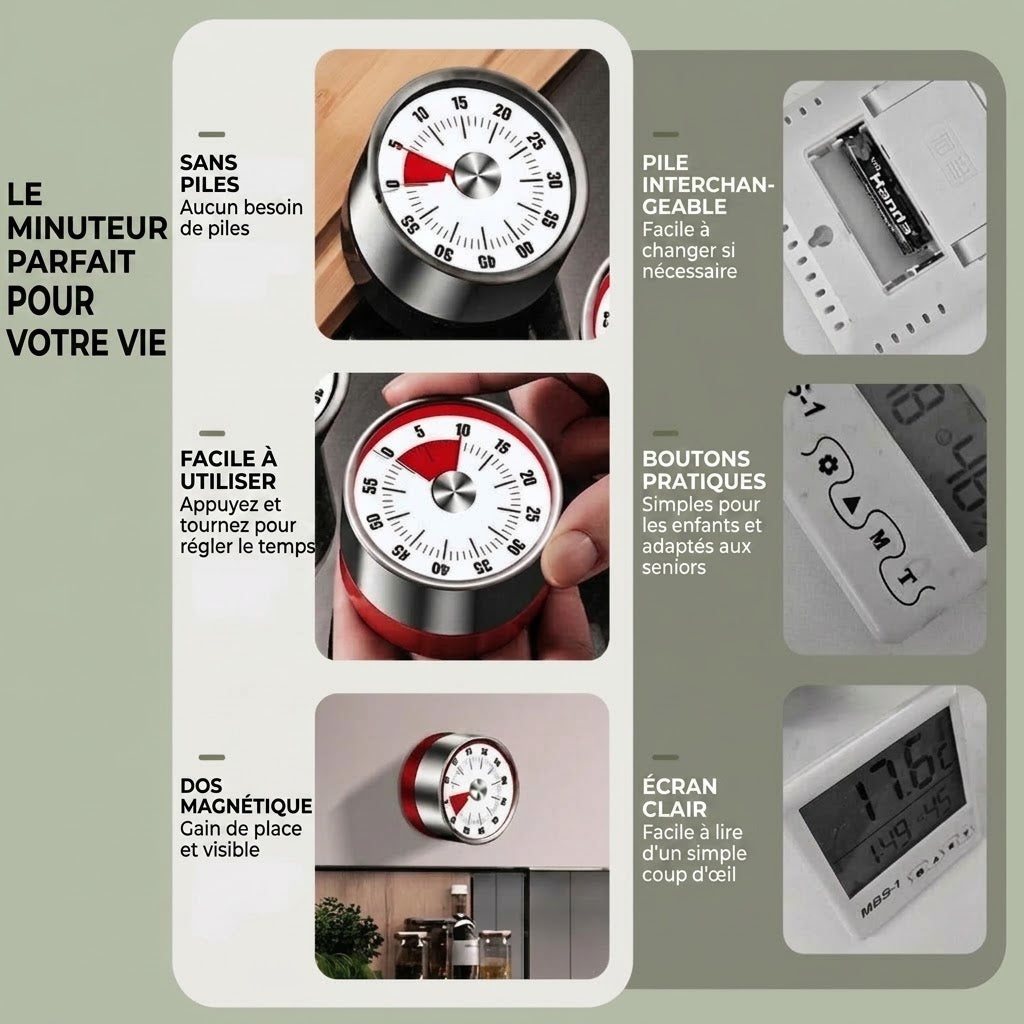 Minuteur mécanique magnétique OmniLiving™ | Minuteur de cuisine précis pour la